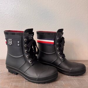 Tommy Hilfiger Black Lace-Up Ankle Rain Boots with Red, White & Navy Trim